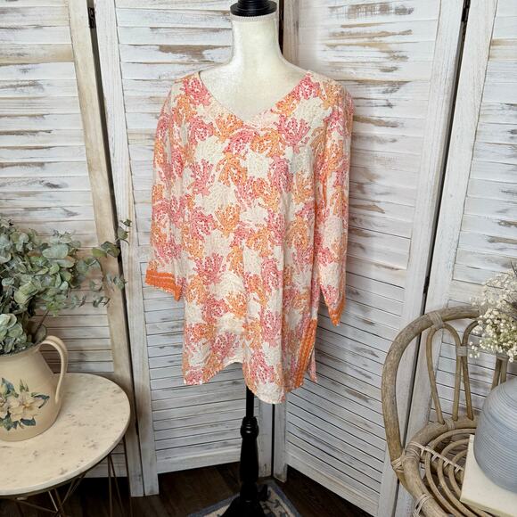 J. JILL Women's L Coral Reef Embroidered Tunic Top Linen Orange Cream Beachy - Picture 7 of 16